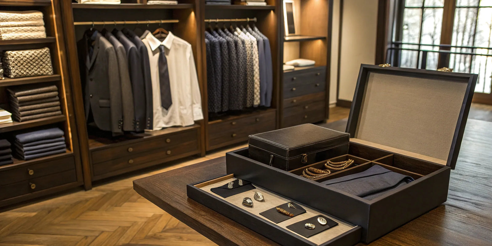 One of the best men's style boxes with curated clothes and accessories in a closet.