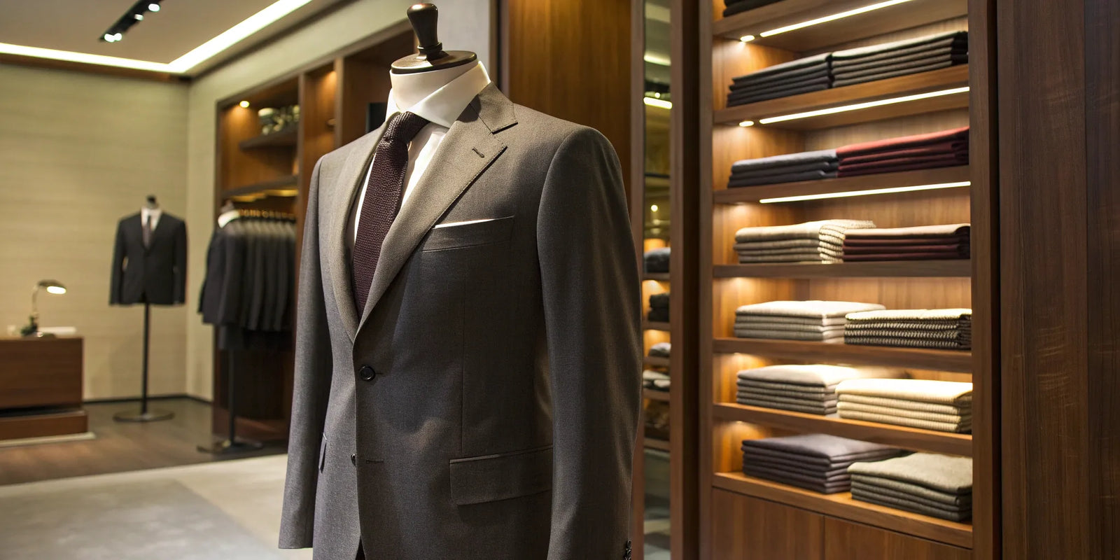 Mannequin wearing a tailored suit in a haberdashery for fine men's clothing.