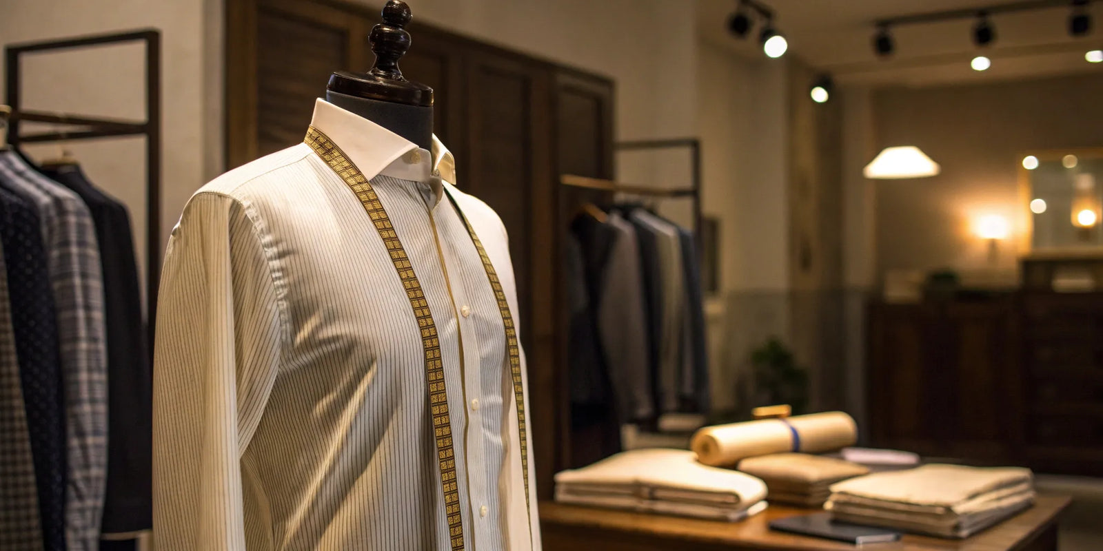 A tailor's measuring tape highlights the perfect fit and craftsmanship of a bespoke dress shirt.