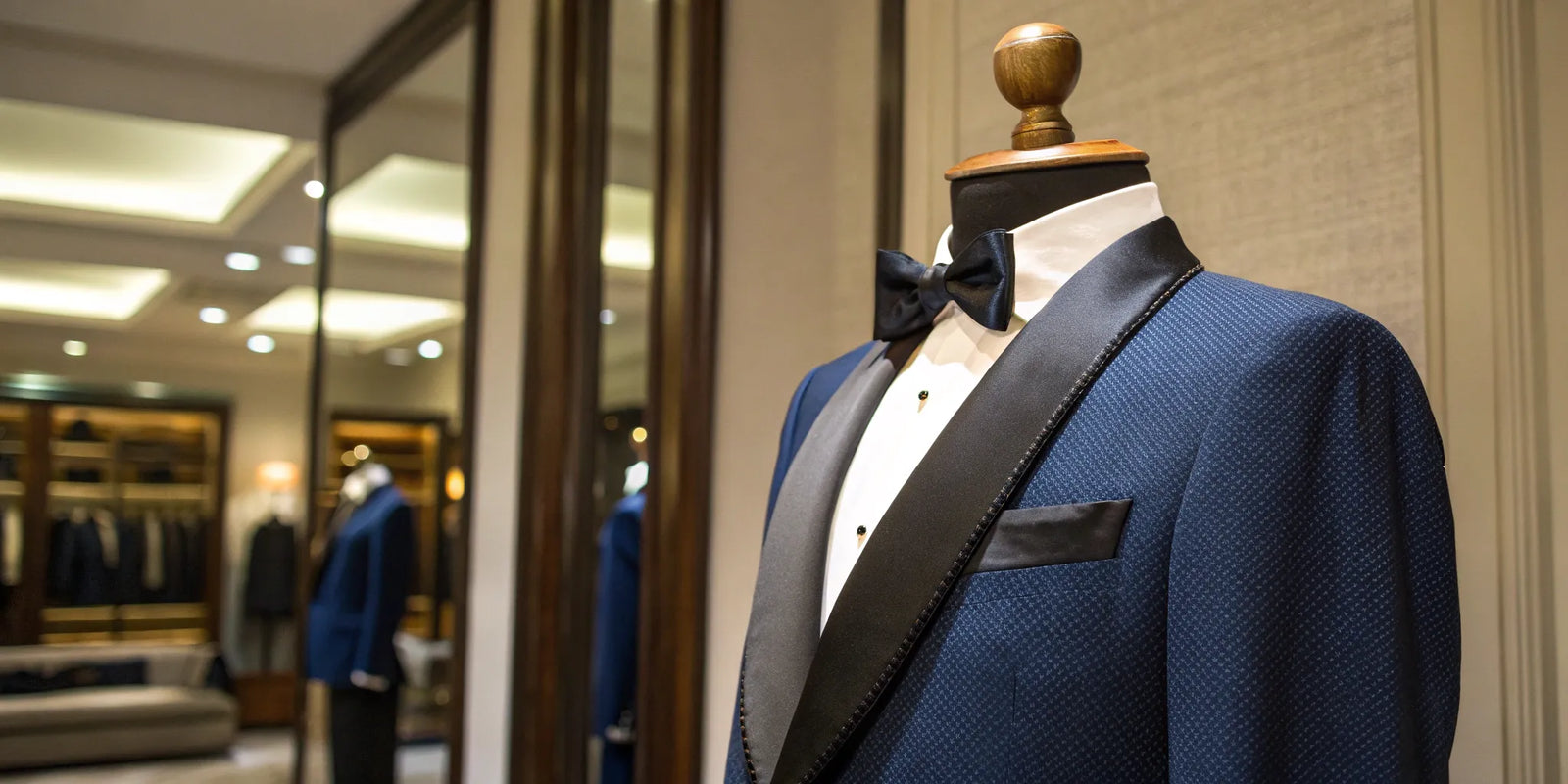 Custom groom tuxedo with a black satin lapel and bow tie displayed in a tailor shop.