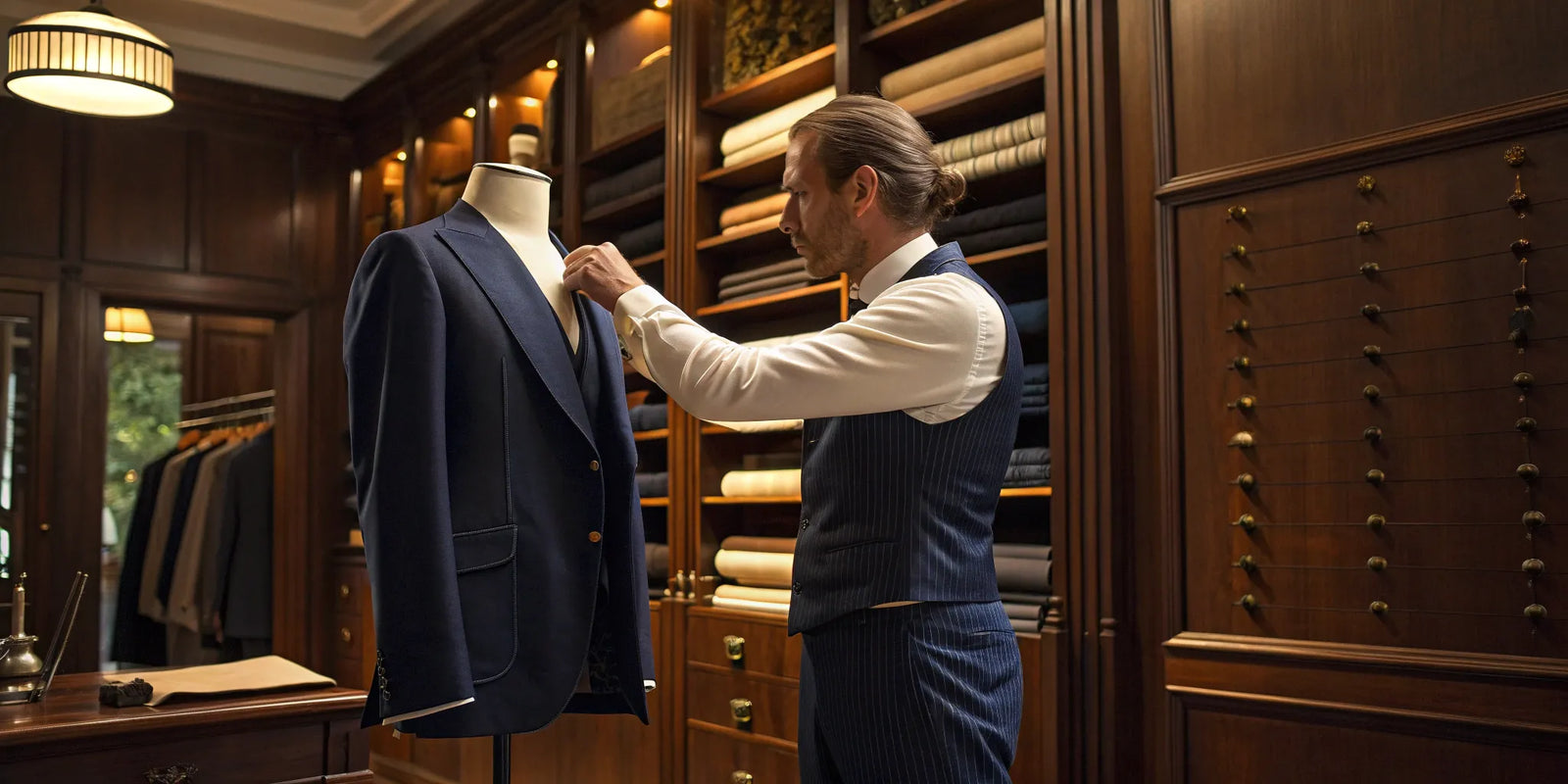 A tailor making precise adjustments during a custom suit fitting.