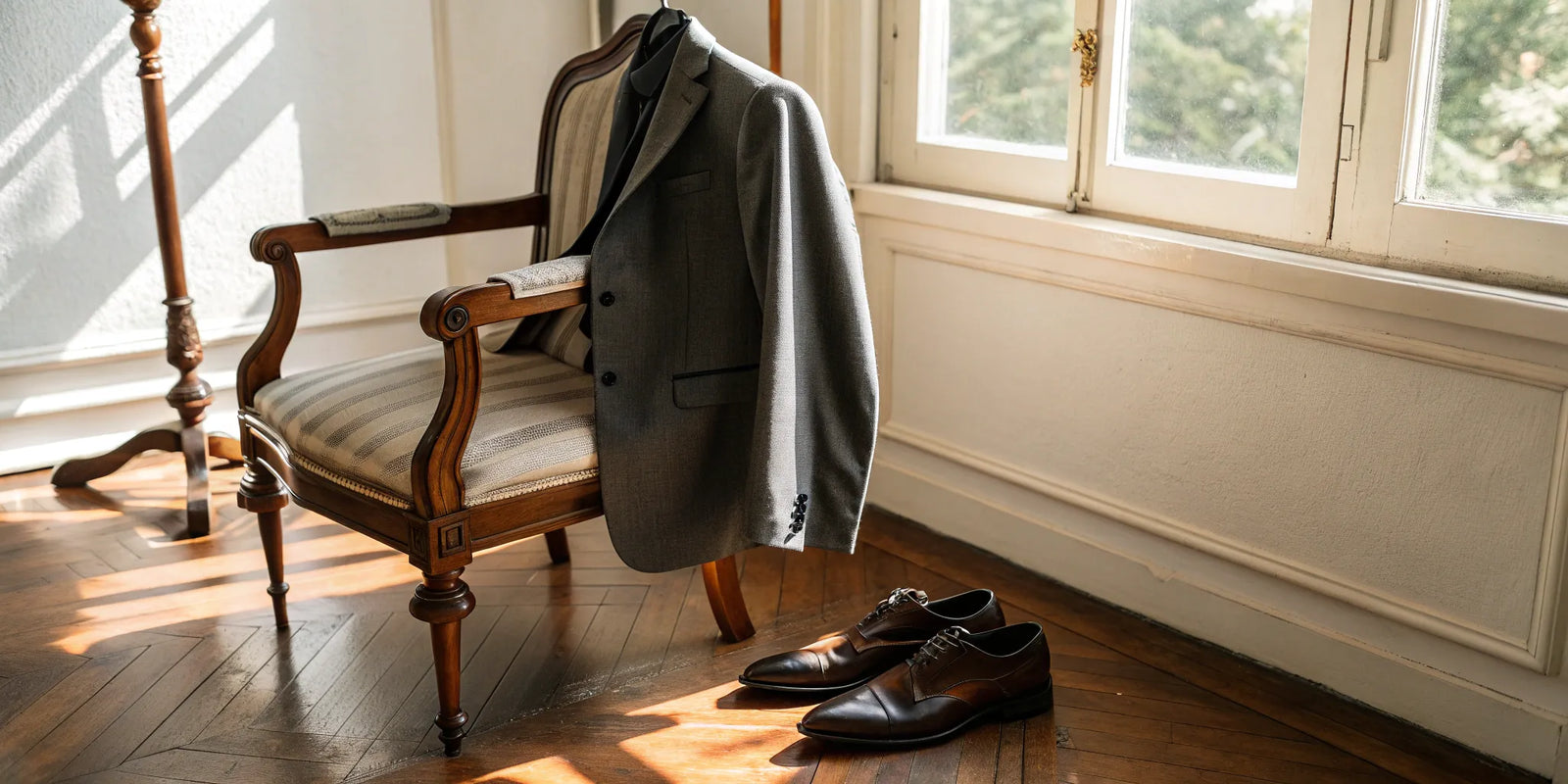 A gray custom suit jacket on a chair with brown dress shoes for a wedding party.