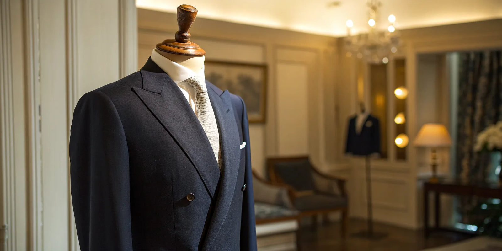 A formal evening suit for men, shown on a mannequin with a white shirt and tie.