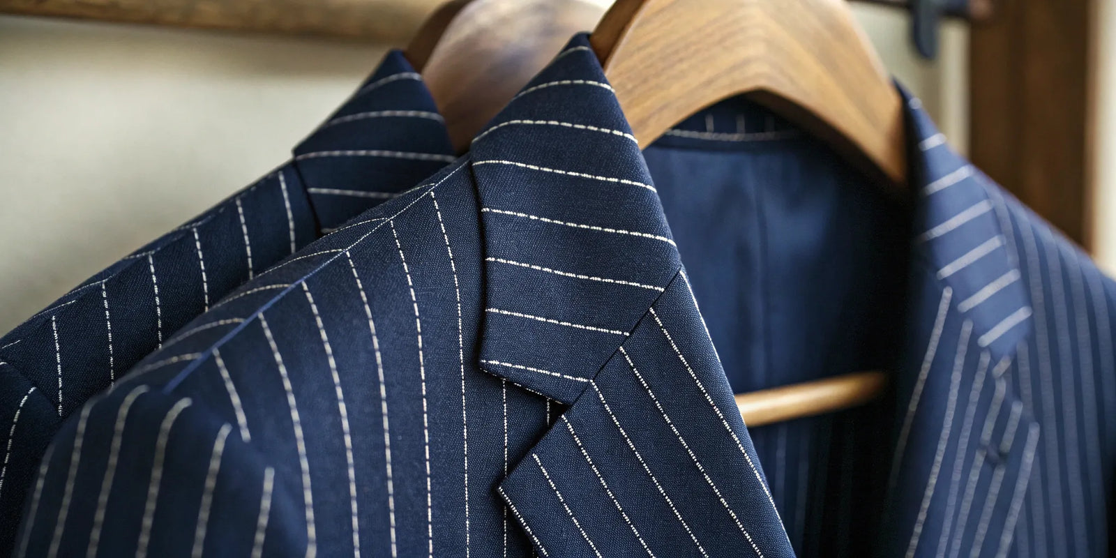 The cost of navy pinstripe made to measure suits on wooden hangers.