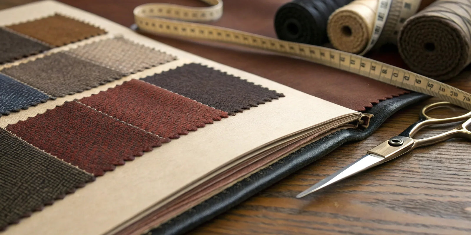 Designing your own blazer online with fabric swatches, scissors, and a measuring tape.