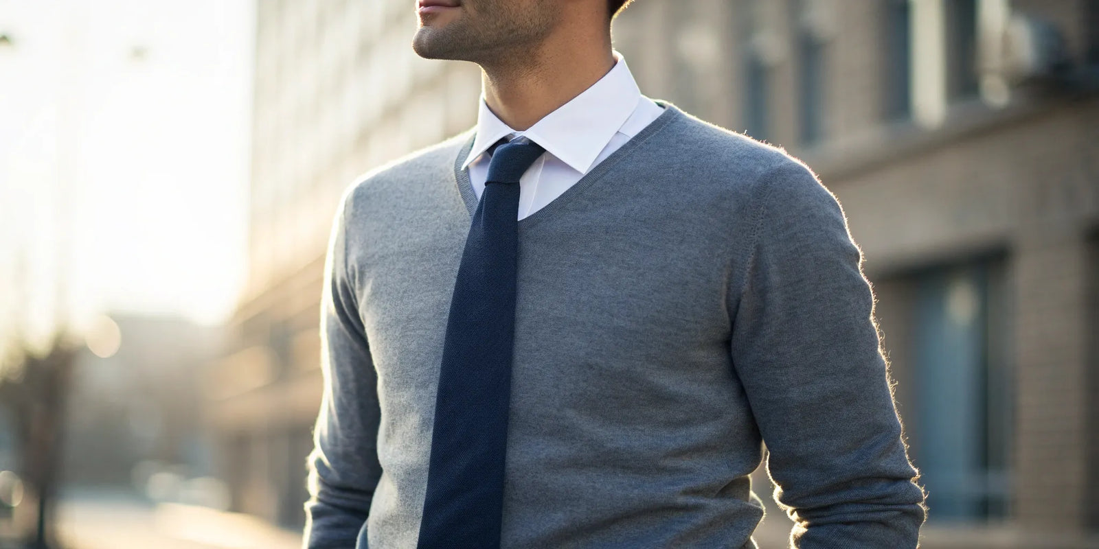 Man styling a dress shirt and tie under a gray V-neck sweater.