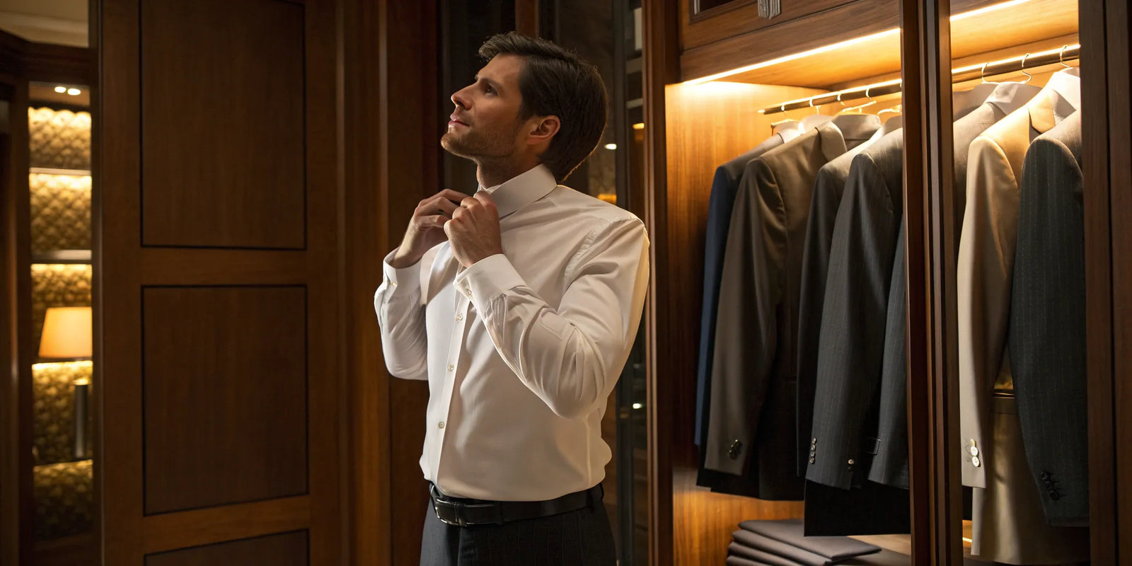 Man styling his white dress shirt by adjusting the collar in a closet full of suits.