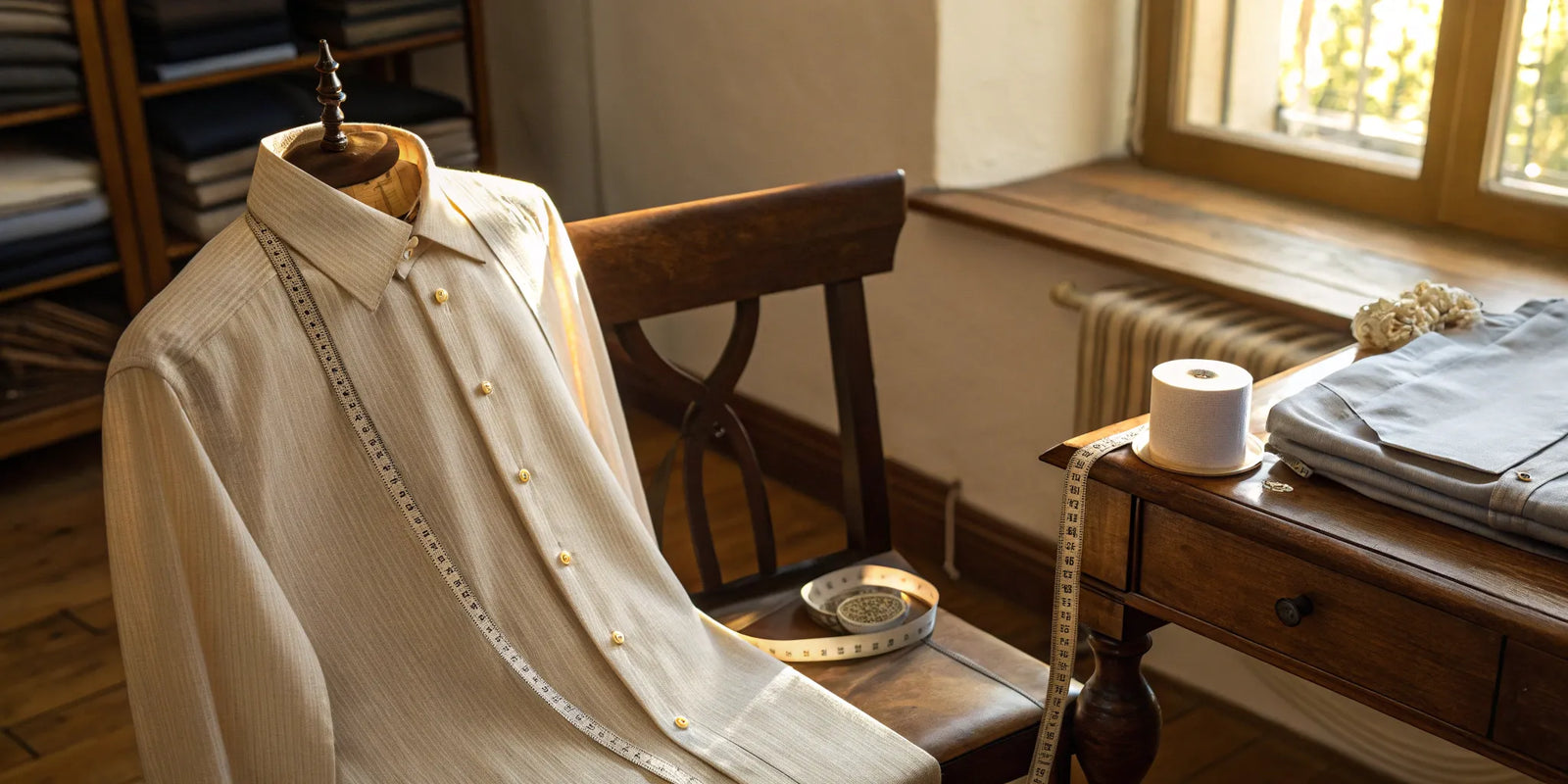 A bespoke custom dress shirt on a tailor's mannequin with measuring tape and fabric.
