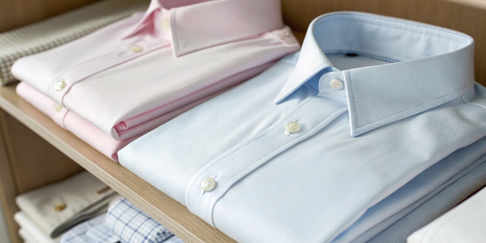 A stack of conservative dress shirts in essential white and light blue colors.