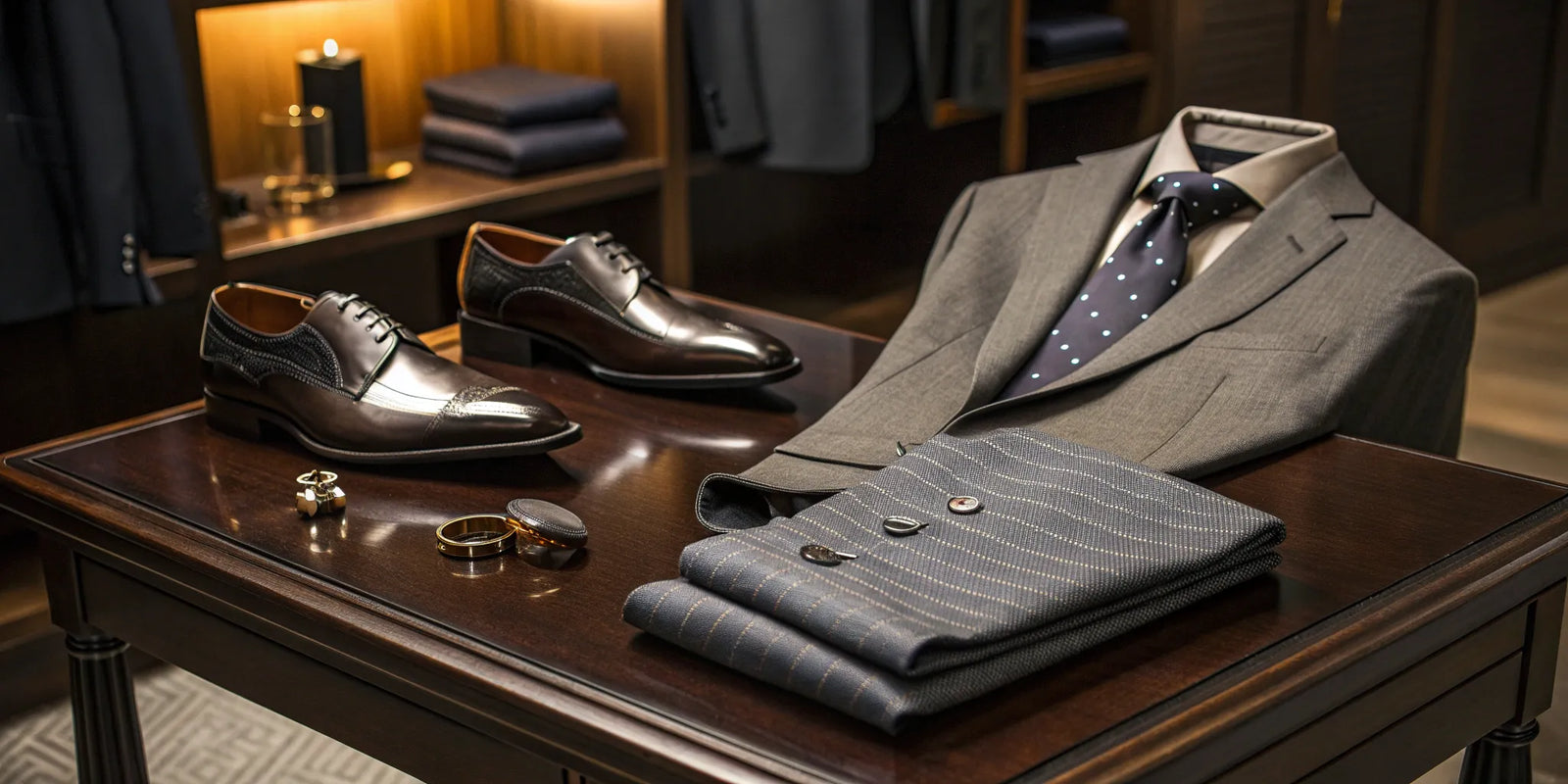 A full formal dress set for men featuring a suit, shirt, tie, and polished shoes.
