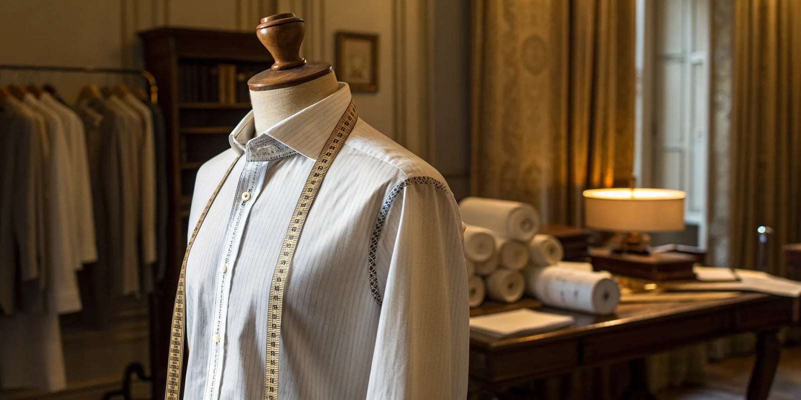 A custom tailored dress shirt on a mannequin with a tailor's measuring tape.