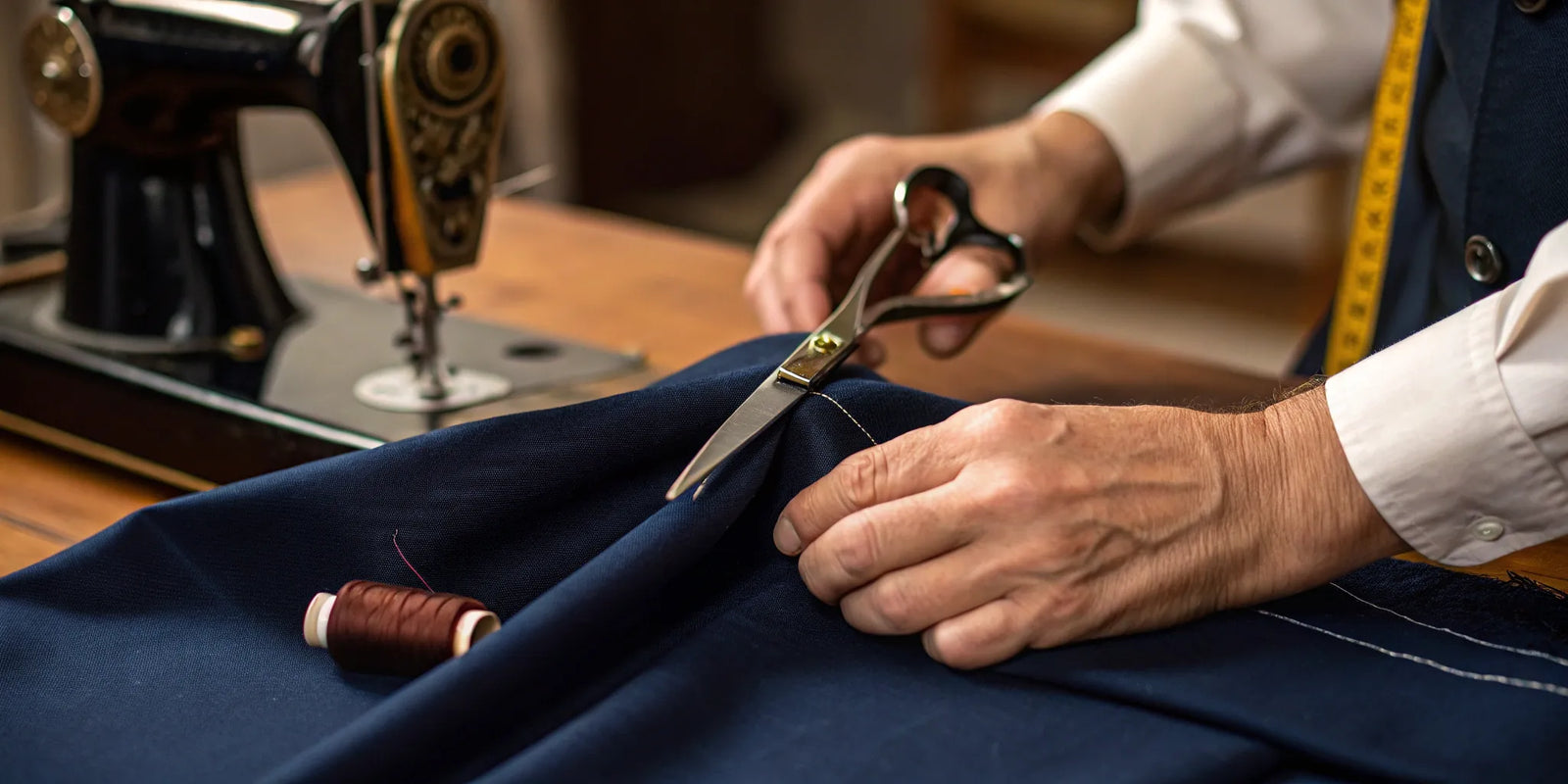 Bespoke suit maker hand-cutting the pattern for a custom navy suit.